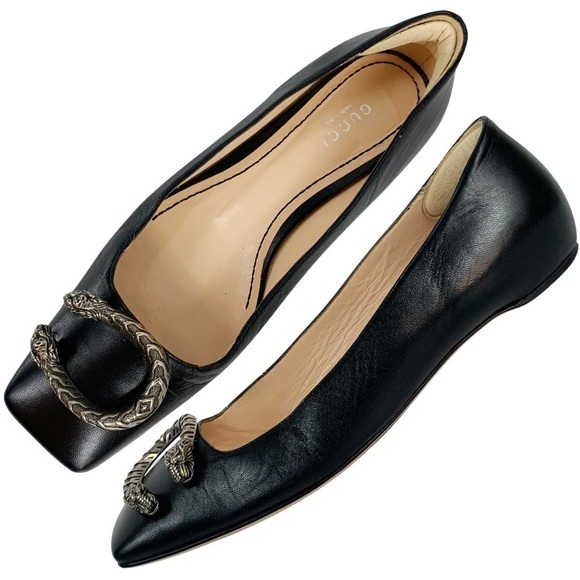 Gucci Dionysus EU 36.5 US 6.5 Black Leathe Buckle Square Toe Tiger Ballet Flats